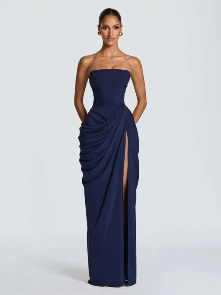 Navy blue strapless maxi dress with ruched bodice and high thigh split