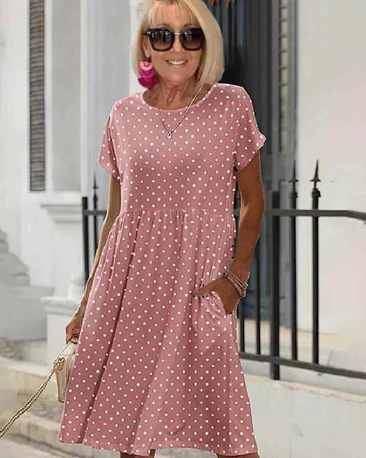 Casual Summer Dress, polka dot print, worn by model, with pockets and gathered waist