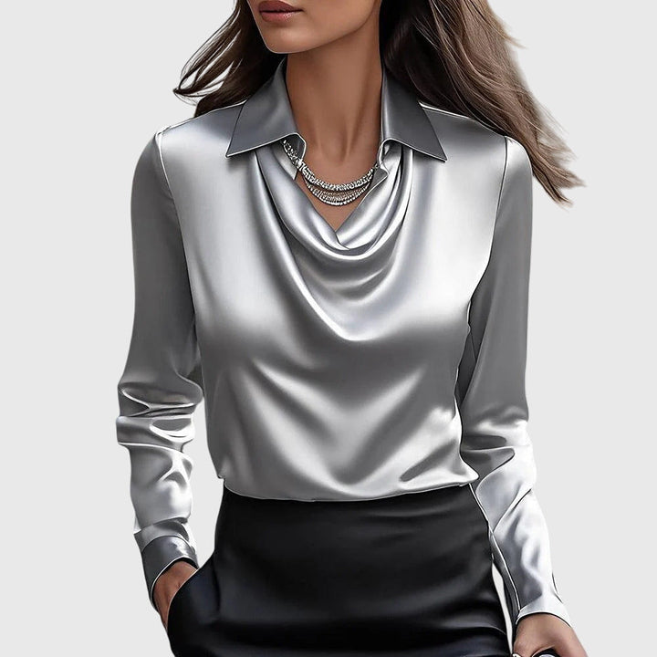Front view of the Autumn Satin Vintage Long Sleeve Blouse in silver with a cowl neck and collared design
