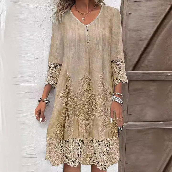 Front view of a beige elegant lace dress with a half-neckline and decorative buttons worn by a model