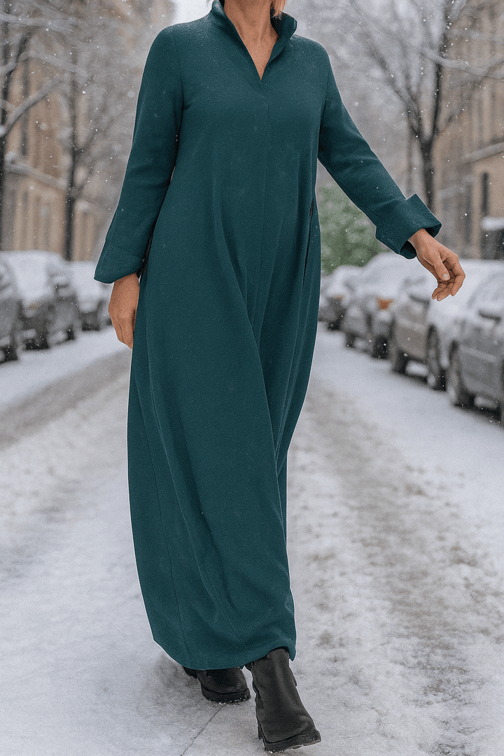 Dark teal V neck oversized long dress with pockets, side view
