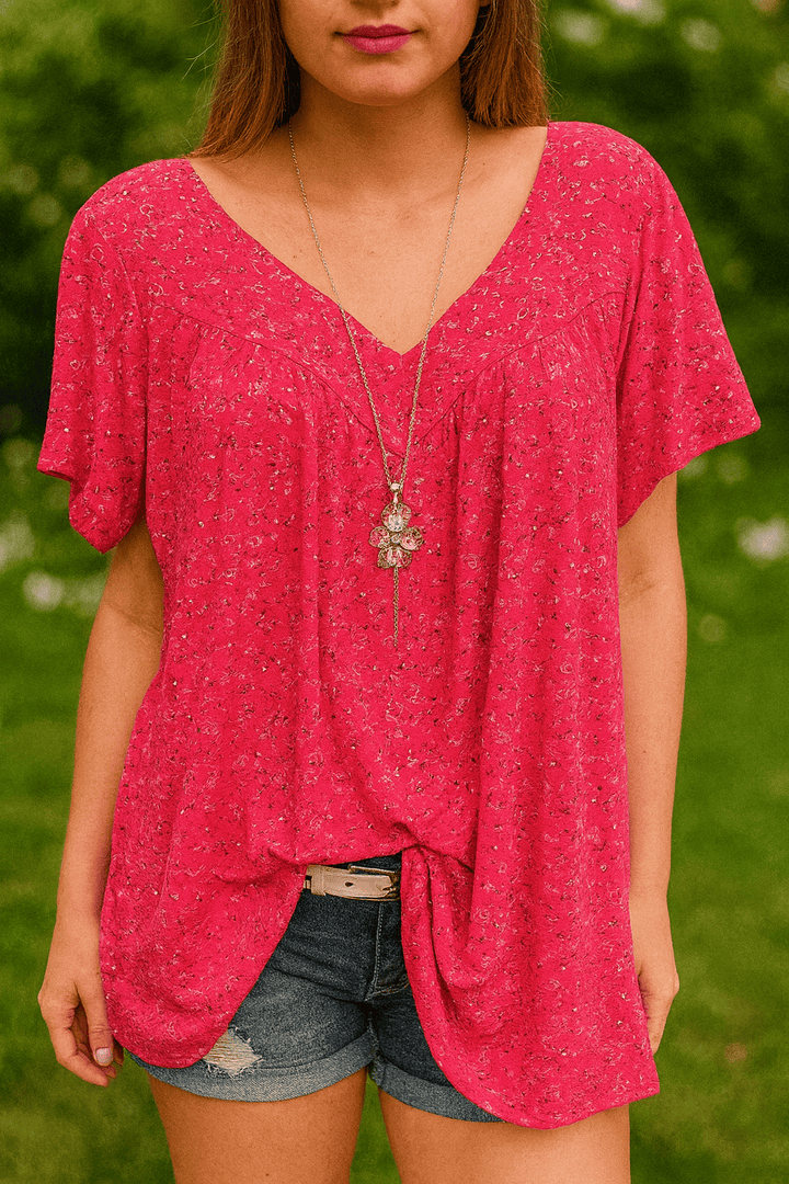 Hot pink floral print short sleeve blouse with a V neck and shorts
