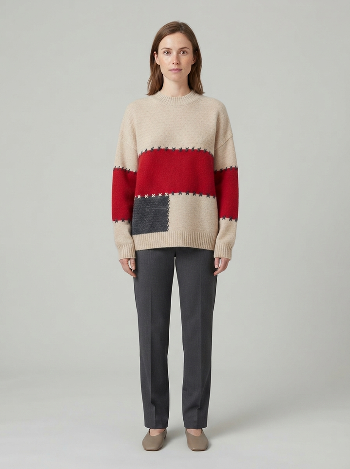 100% Cashmere Colour Block Round Neck Pullover - front view