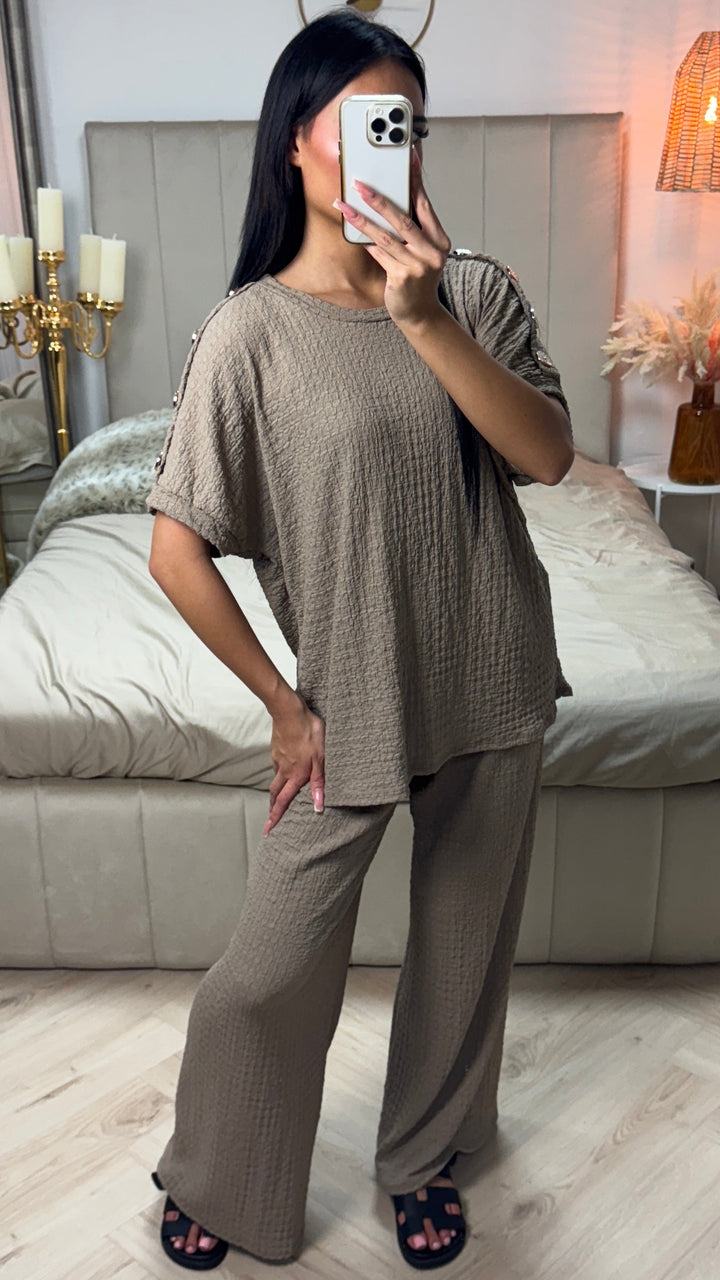 Oversized Viscose Set worn by model, full length front view. Brown textured top with golden buttons on sleeves