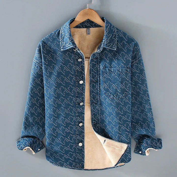 Blue denim vintage knit jacket with a plush cream lining, front view
