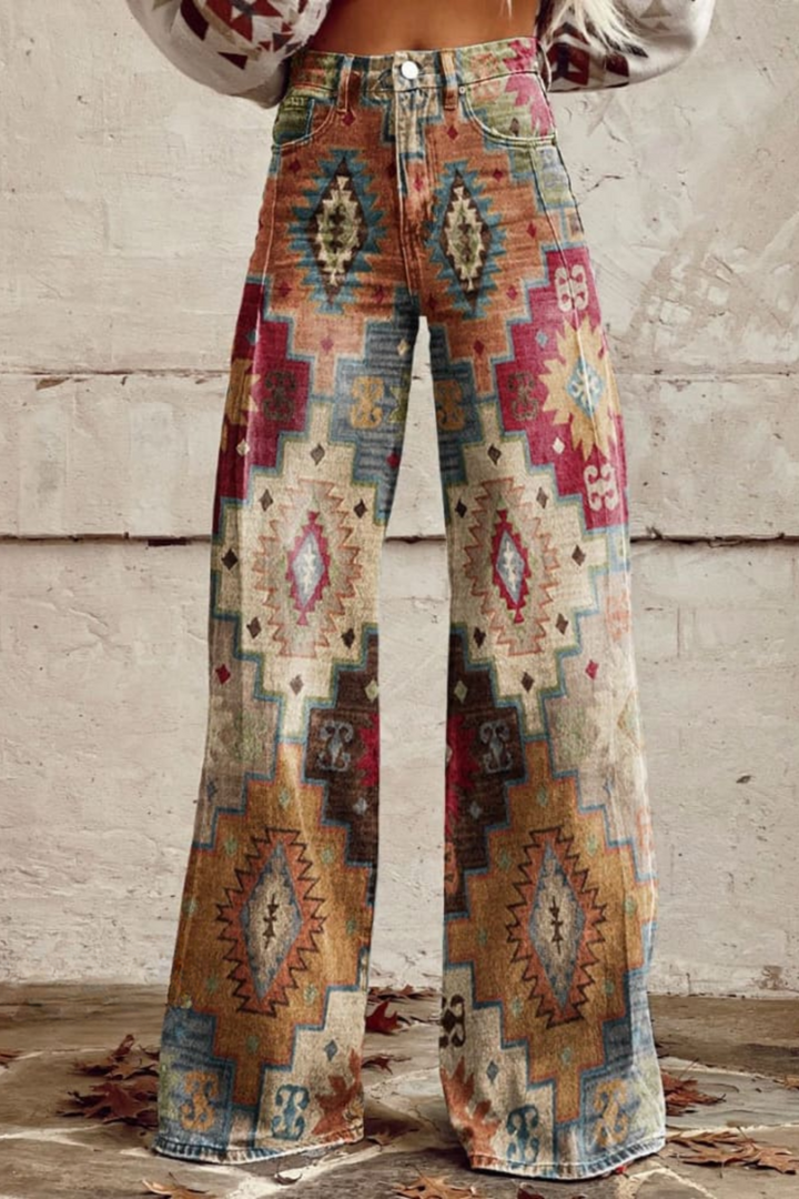 Earth toned geometric print high waisted boho trousers, front view