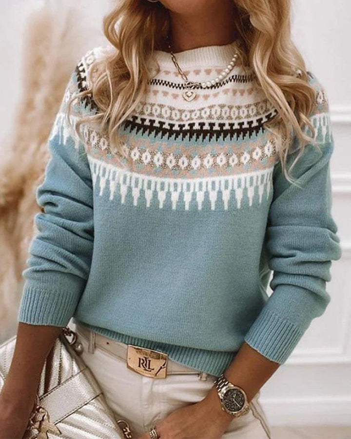 Nordic Fair Isle knit sweater front view worn by model, light blue pullover with patterned yoke