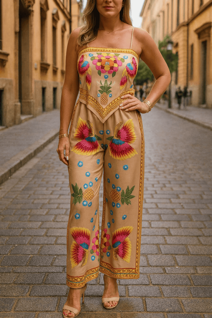 Exotic Print Top and Pants Set, close up front view worn by model, showing print detail