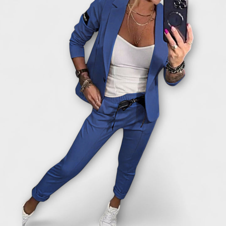 Front view of a model in a blue women&