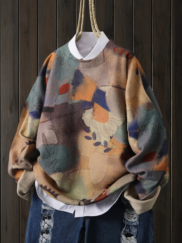Earth toned leaf print knit pullover jumper over a white collared shirt