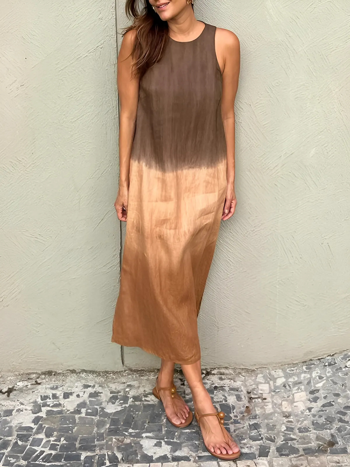 Willa Printed Dress side view worn by model, a sleeveless midi dress with a dark brown to light brown ombre print