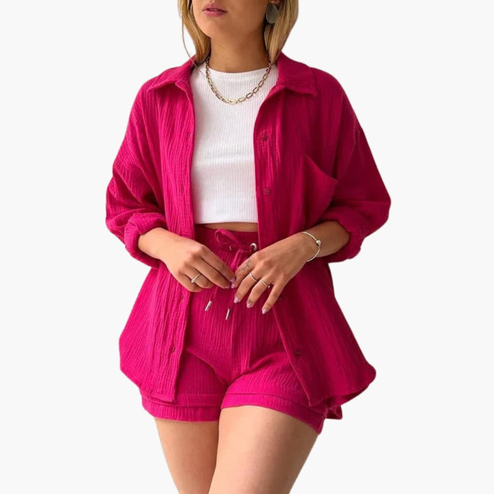 Brianna two piece suit worn by model, close up of shirt and shorts with drawstring waist detail