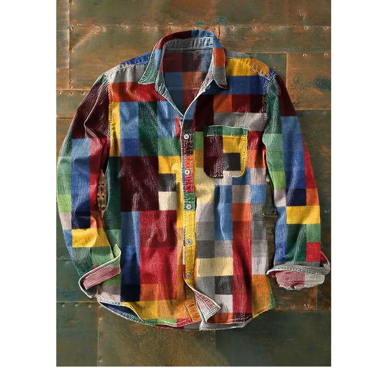 Flat lay of the cotton linen blend vintage shirt with a colourful patchwork design