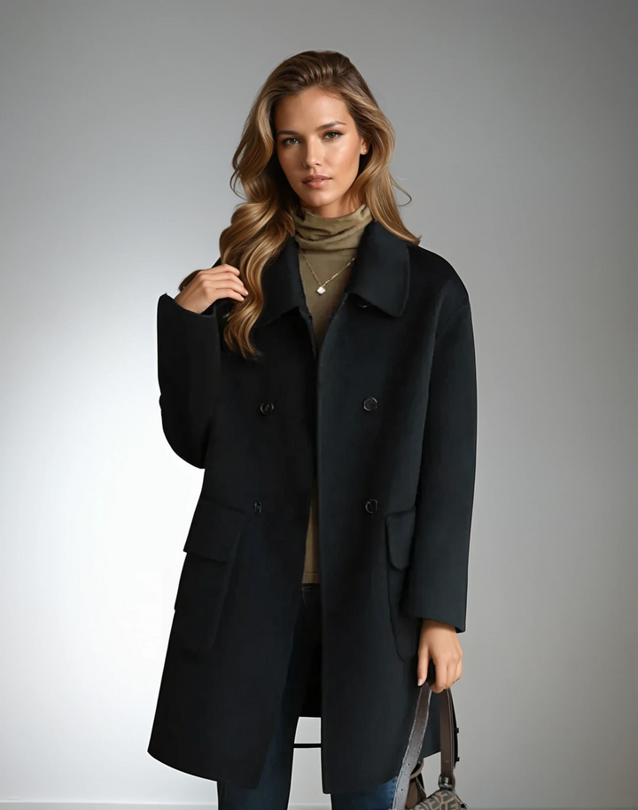 Chic & Cosy Coat, front view worn by model, with a gold necklace and brown handbag