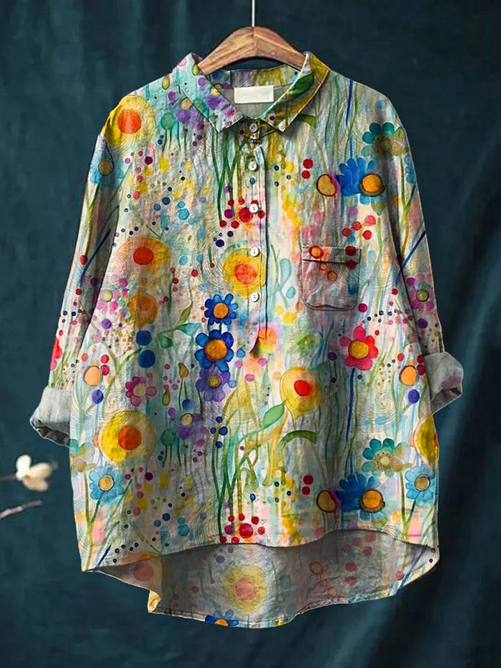Peace Hippie-Inspired Art Shirt front view with vibrant watercolour flowers, a chest pocket and rolled sleeves