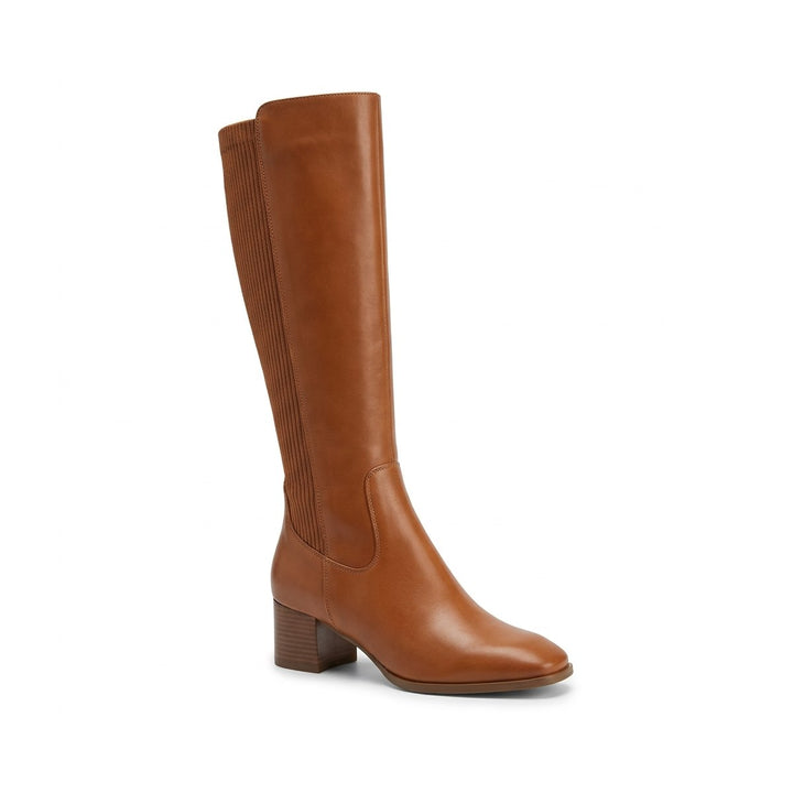 Side view of a single tan genuine leather knee-high boot with a block heel and ribbed elastic panel