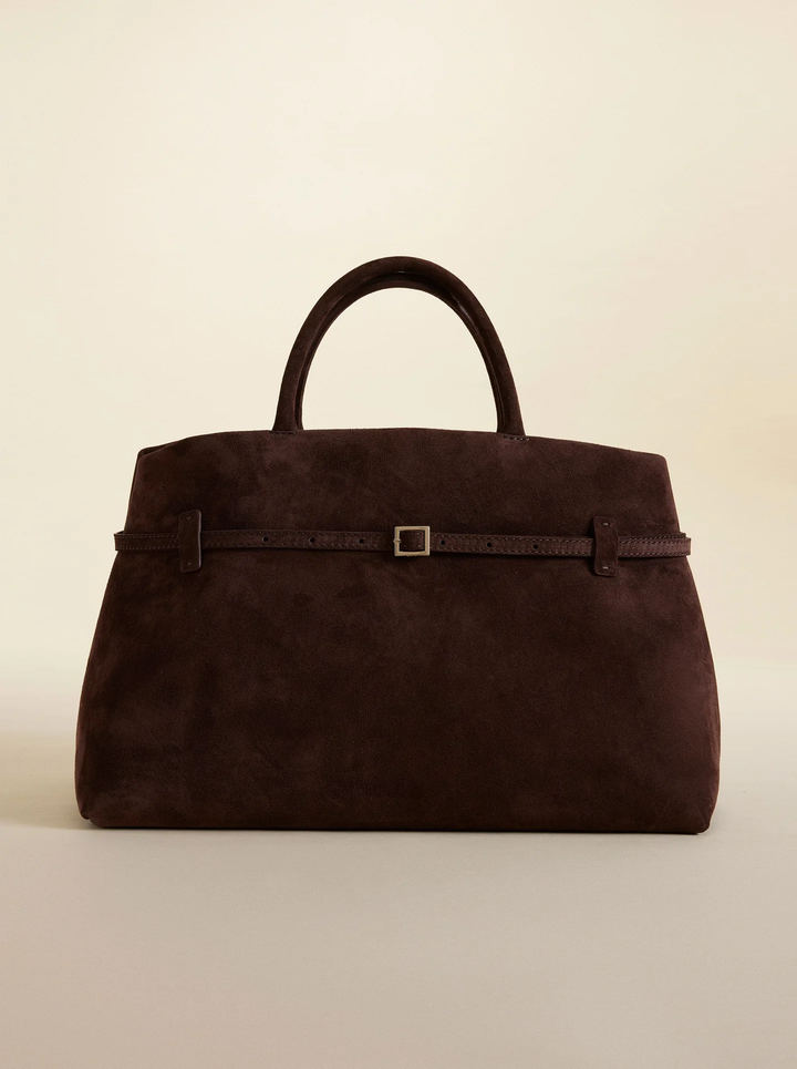 Back view of the Diana Suede Handbag in dark brown, showcasing the simple, elegant design