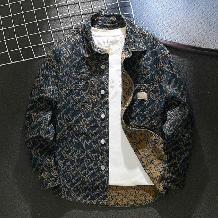 Vintage Knit Jacket front view, flat lay, highlighting the unique all-over script pattern and open front detail