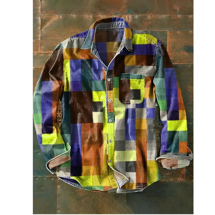 Front view of the cotton linen blend vintage shirt with a colourful rainbow print and button up front