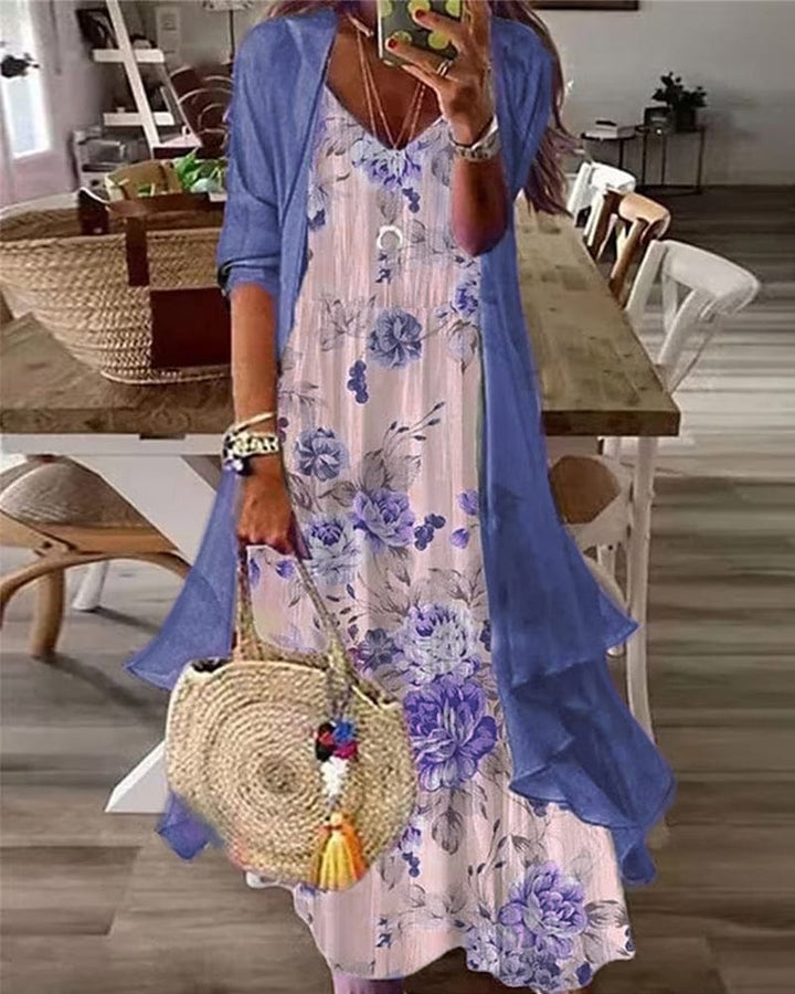 Beige floral dress set with a light purple half sleeve cardigan
