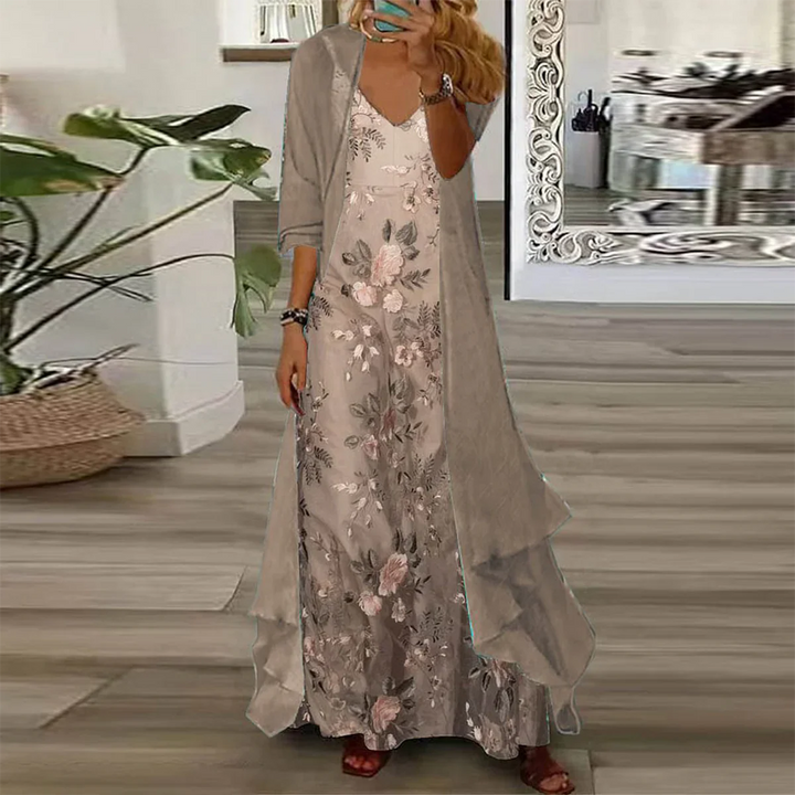 Worn by model, the Aurelia two-piece chiffon dress set with a floral print and long cardigan