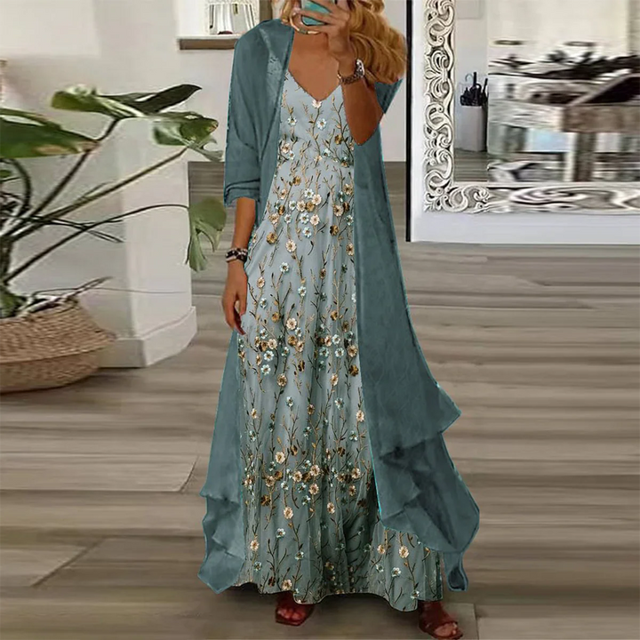 Front view of a model wearing the Aurelia two-piece chiffon dress set with a floral print and long cardigan