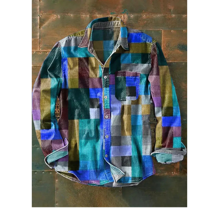 Flat lay of the cotton linen blend vintage shirt with a colourful rainbow print and rolled up cuffs