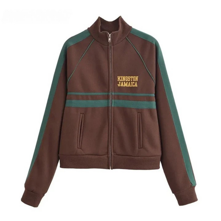 Front view of a brown retro contrast sweater with green stripes and "KINGSTON JAMAICA" embroidered