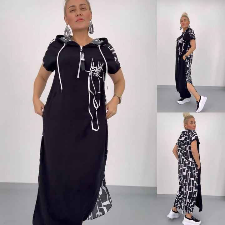 Front view of an elegant asymmetrical ankle dress worn by a model, with side and back views inset