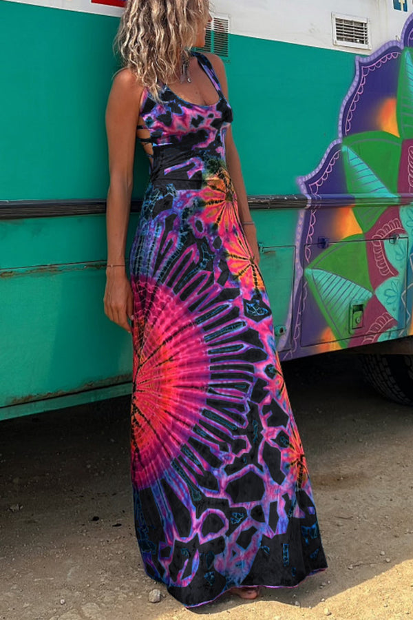 Black multicoloured tie dye maxi dress with a pink, blue and orange pattern