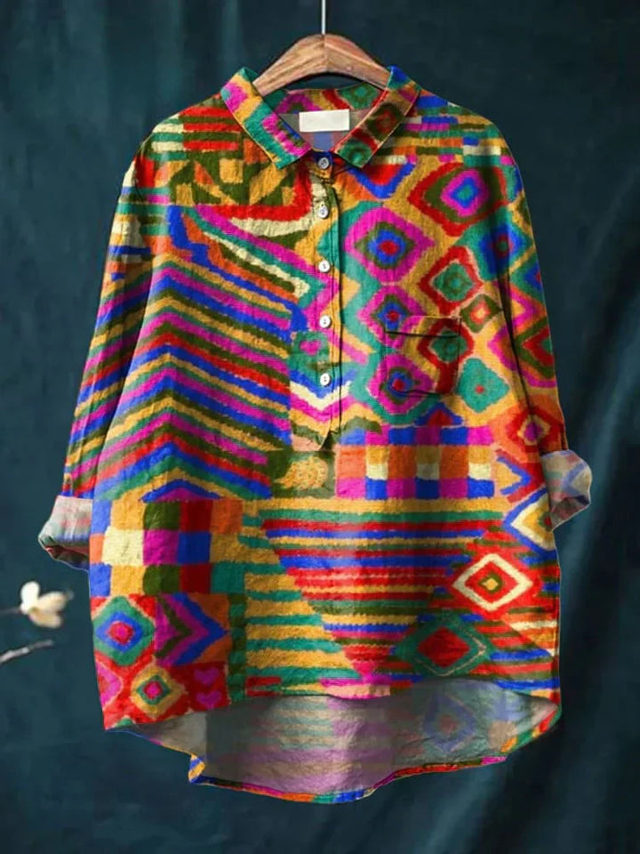 Peace Hippie-Inspired Art Shirt front view with vibrant geometric patterns and a curved hem