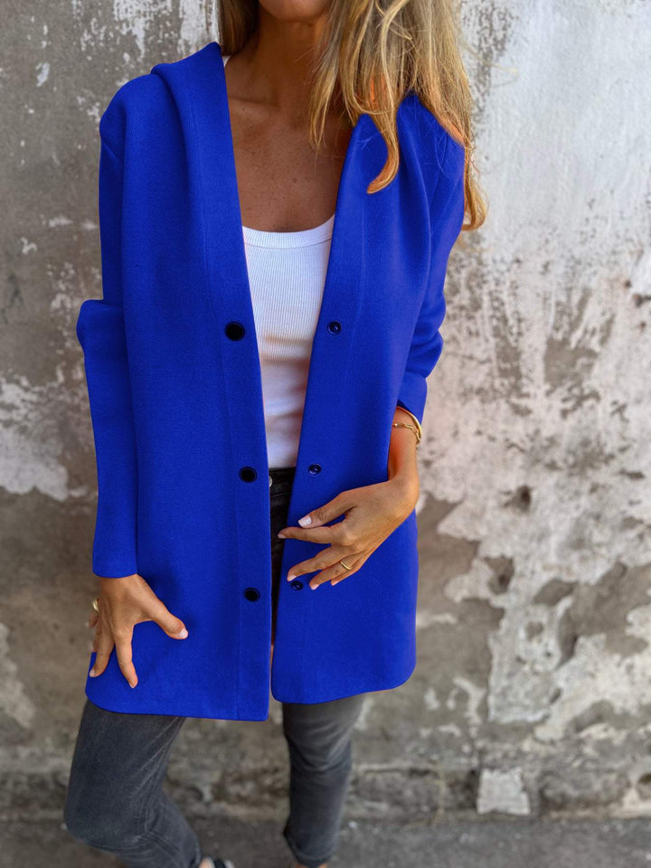 Royal blue hooded casual jacket with black buttons, front view