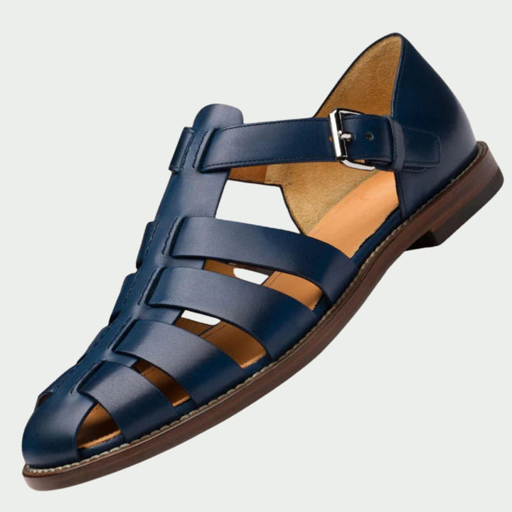 Three quarter view of a single navy blue leather men&