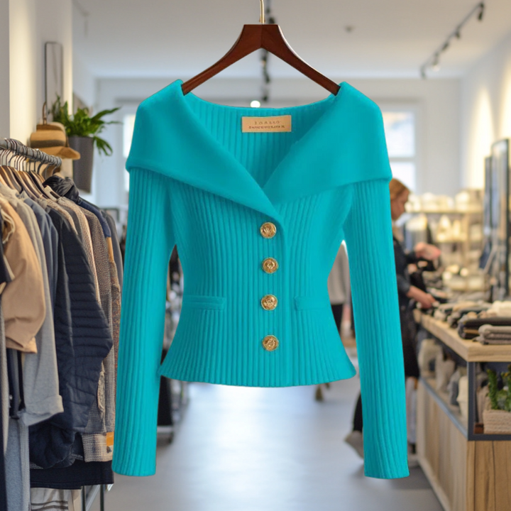 Front view of the aqua Priscilla Cardigan on a hanger, highlighting the ribbed knit and gold buttons