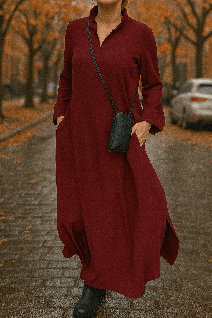 Dark red V neck oversized long dress with side splits, front view