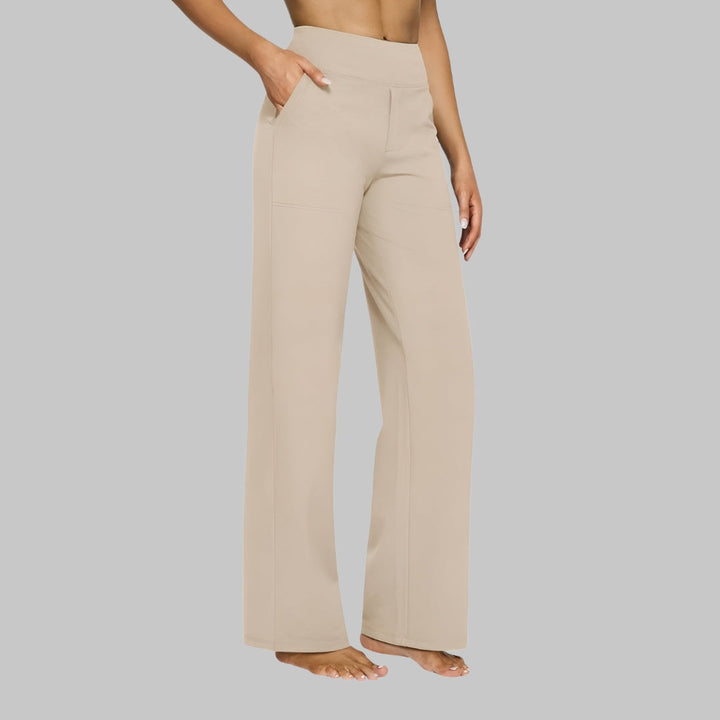 Beverly comfortable stretch pants, three quarter view worn by model, hand in pocket, wide leg design