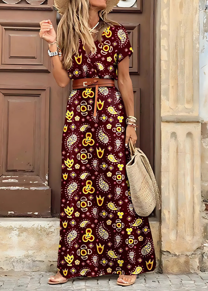 Long Bohemian Dress, worn by model, close up of the pleated waist and floral pattern