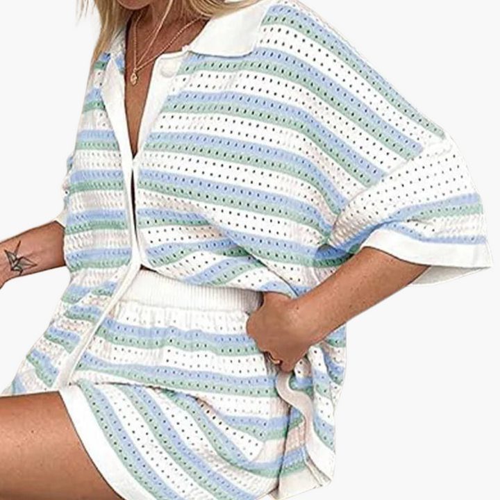 White with blue and green striped shirt and shorts two piece set