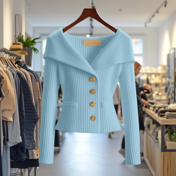 Front view of the aqua Priscilla Cardigan in premium knit, featuring gold buttons and a wide collar