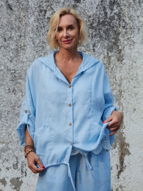 Casual Hooded Linen Jacket, worn by model, front view, with pockets and drawstring hem, outdoors