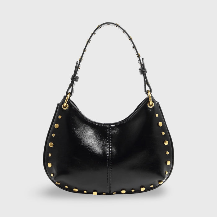 Front view of the mini handbag in black vegan leather with gold studs and hardware
