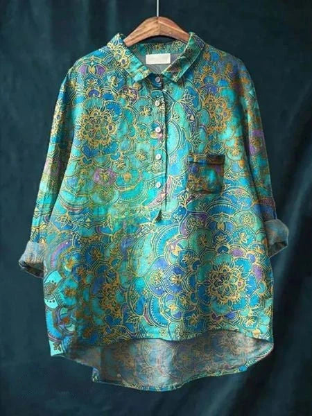 Peace Hippie-Inspired Art Shirt front view with a vibrant teal and gold mandala pattern and a chest pocket