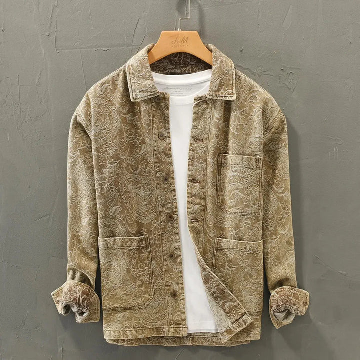Vintage Knit Jacket front view, flat lay, showcasing the intricate paisley pattern and classic button front