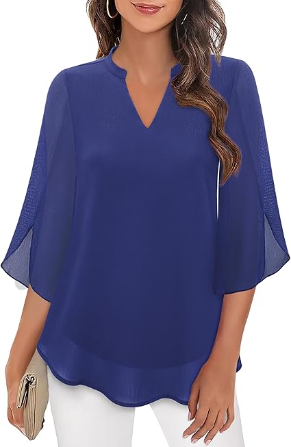 Front view of a royal blue V-neck chiffon blouse, worn by model, with flowy 3/4 sleeves and a curved hem