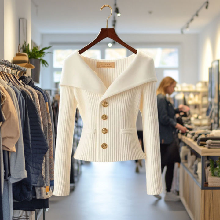 Front view of the cream Priscilla Cardigan on a hanger in a boutique, highlighting the ribbed knit and gold buttons
