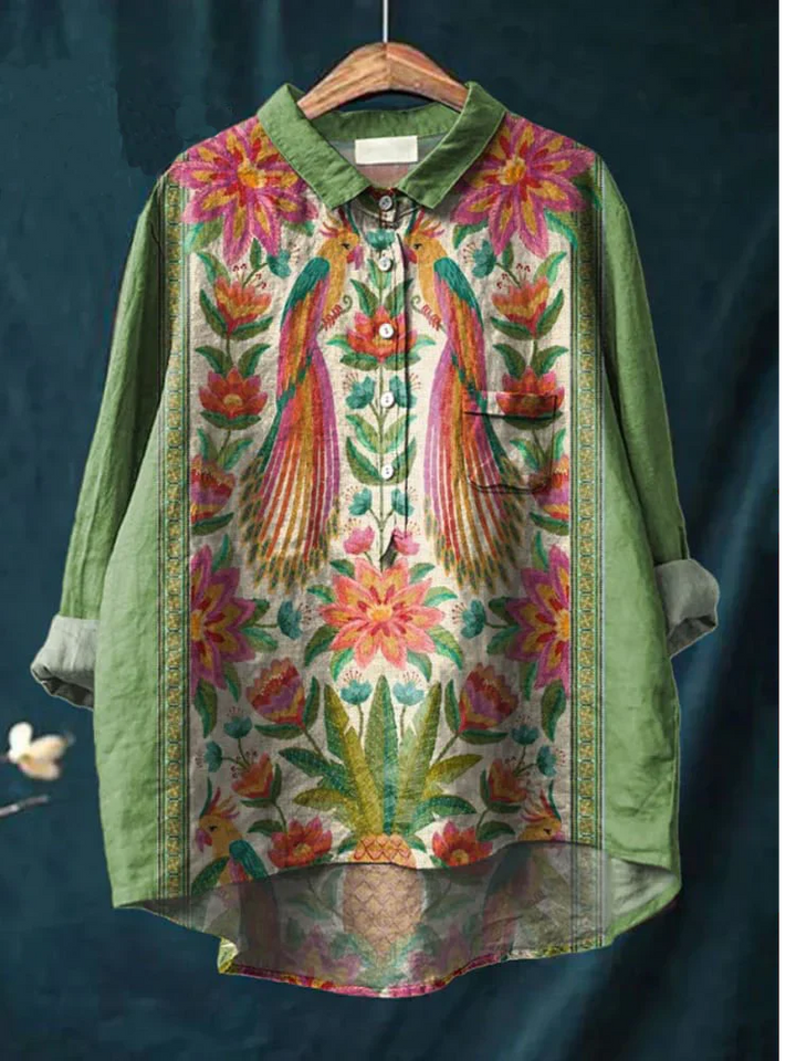 Peace Hippie-Inspired Art Shirt front view with colourful parrots, flowers and a pineapple print