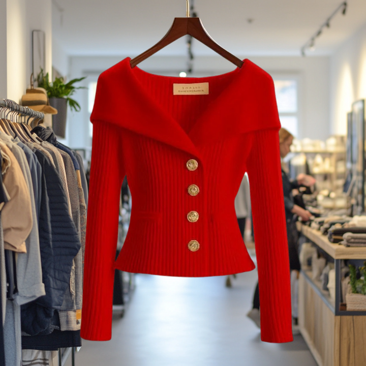 Front view of the red Priscilla Cardigan on a hanger in a boutique, highlighting the ribbed knit and gold buttons