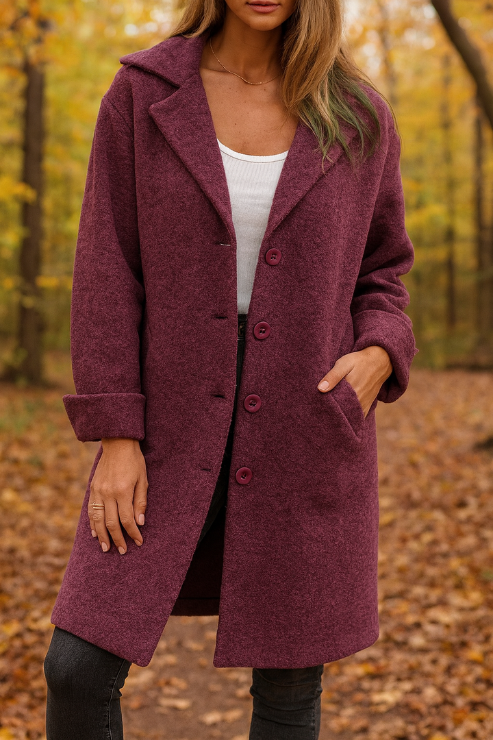 Burgundy mid season jacket worn buttoned, front three quarter view