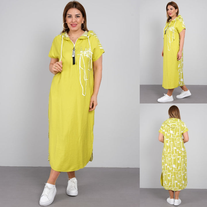 Front view of an elegant asymmetrical ankle dress worn by a model, with side and back views inset, alternate angle