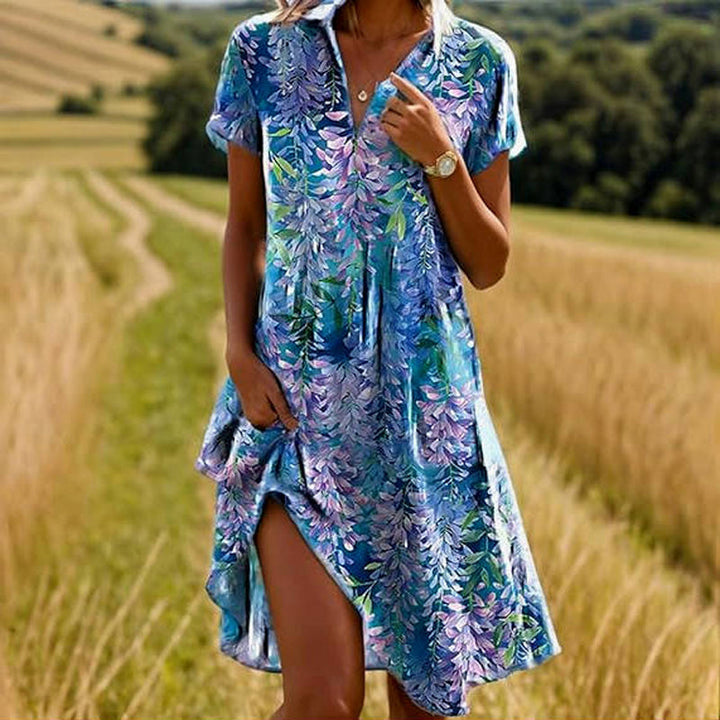 Bohemian V-Neck Maxi Dress worn by model, three quarter view, with a hand in the side pocket